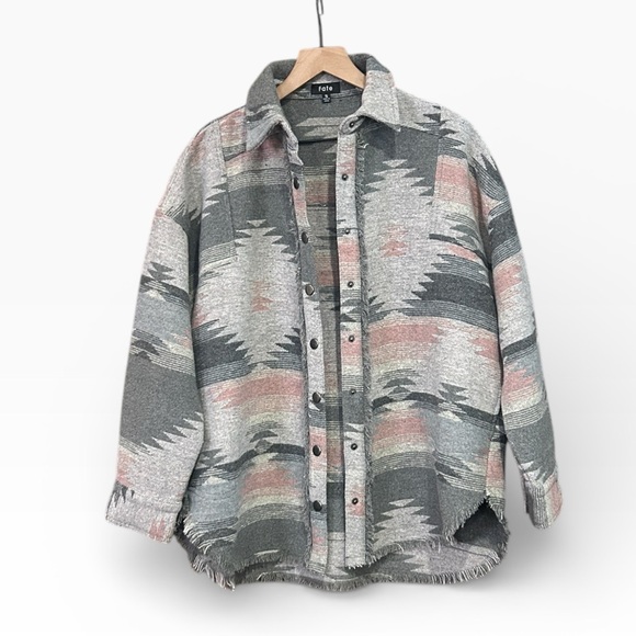 Fate Jackets & Blazers - Fate Aztec Southwest Fringe Trim Long Sleeve Oversized Shacket Gray Size Small